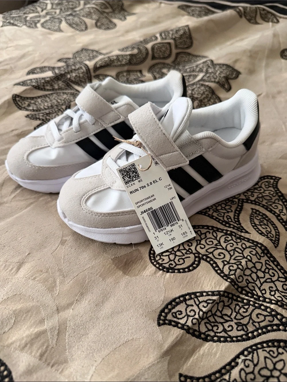 adidas Kids White and Black Velcro Sneakers with Suede Accents